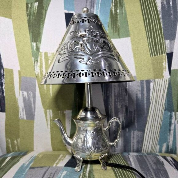 Vtg Rococo Style Silver Plated Metal Tea Pot Table Lamp Light With Ornate Shade - Picture 2 of 15